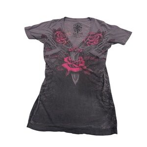 Rebel Saints V-Neck Short Sleeve Tee in Charcoal with Pink Rose Graphic